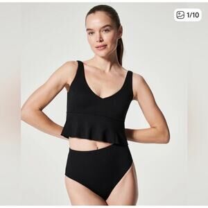 NWT Spanx Black VNeck Pique Longline Flounce Swimsuit Bikini Top Peplum Size M
